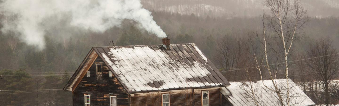 A dark wood clad house with snow visible on a standing-seam metal roof. Smoke is coming from the chimney. Snow-covered fields and winter forest are in the background.