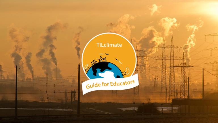 Smokestacks from a power plant against a yellow-orange sky, with the TILclimate Guide for Educators logo in front.