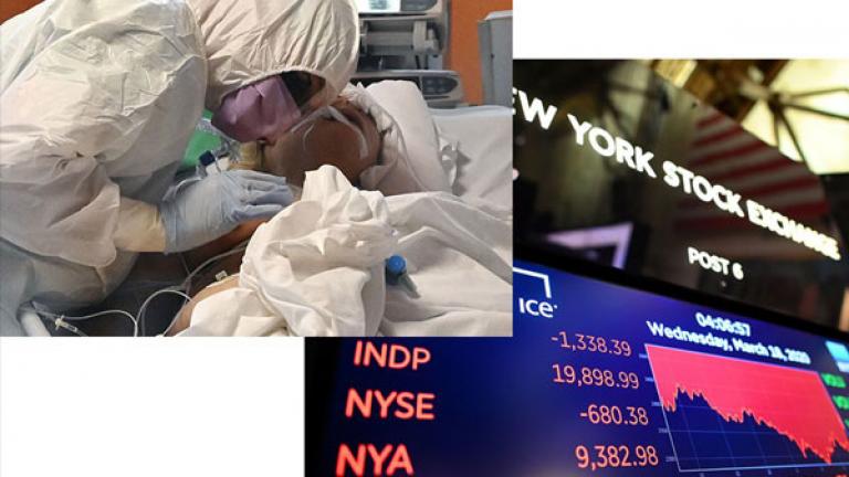 A medical worker in protective gear tends to a patient in Italy (left image) and a screen with graph of the Dow industrial average after closing bell on March 18.