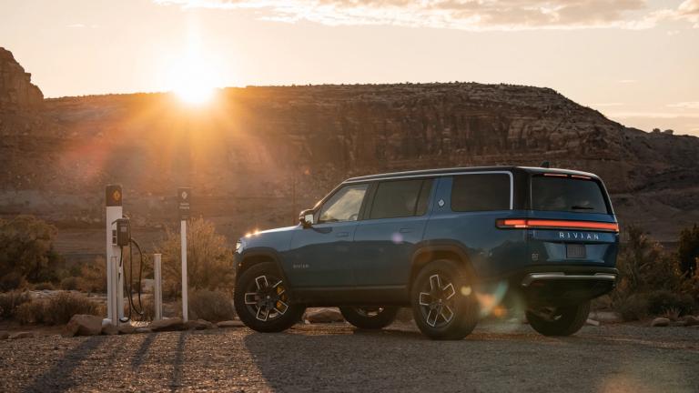 Image of electric Rivian vehicle at charging station