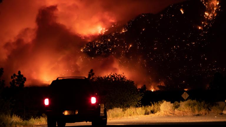 Car driving through forest fire