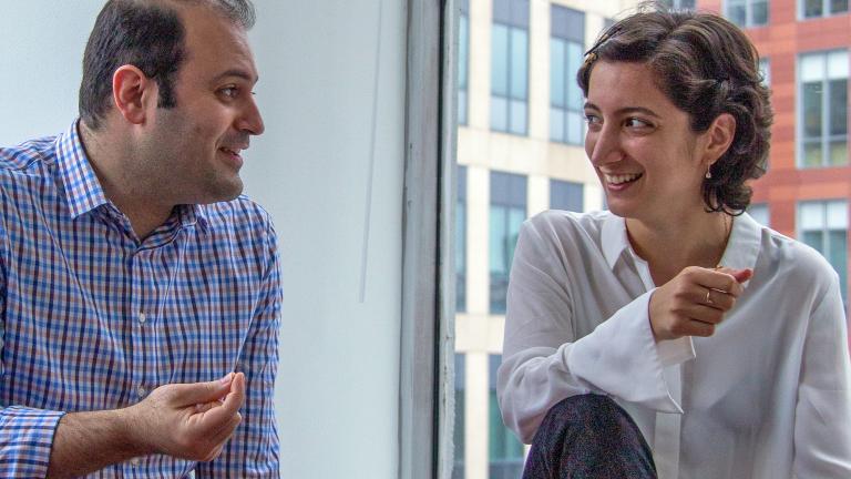 Ipek Bensu Manav (right) chats with Hessam AzariJafari, her colleague at the MIT Concrete Sustainability Hub. During her time at CSHub, Manav has placed engineering in its social and political contexts and built new connections in the process.