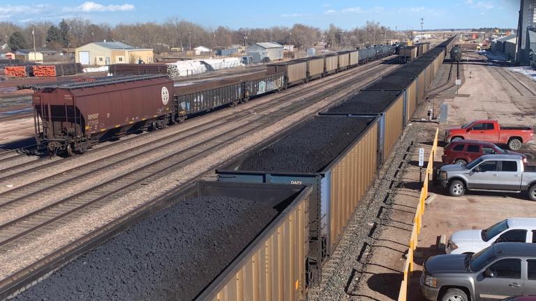 A loaded coal train rolls through Gillette on March 4, 2020. Coal production in the region has declined by half since 2008.