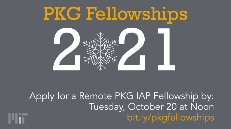 Advertising flier for the PKG Fellowships program, deadline October 20th, 2020, at noon.