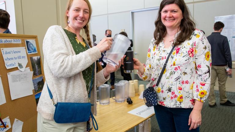 Hosted by MIT’s Department of Mechanical Engineering, the Health of the Planet Showcase on April 4 was the first such event where support and administrative staff were invited to present their research efforts alongside students, faculty, and postdocs. Here, Theresa Werth (left), program manager in MIT MechE, and Dorothy Hanna, program administrator in MIT MechE, present their work on reducing bottled water use and practical strategies developed by staff to overcome functional barriers on campus.