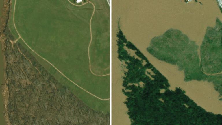 A generative AI model visualizes how floods in Texas would look like in satellite imagery. The original photo is on the left, and the AI generated image is in on the right.