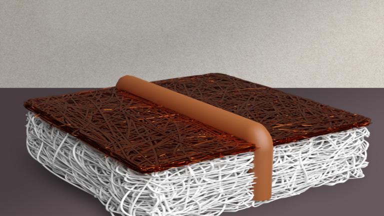 A conceptual schematic of the new woven electrode design. Researchers wove a series of conductive copper wires (the brown-orange pipe) through a very thin membrane to reach the catalyst.