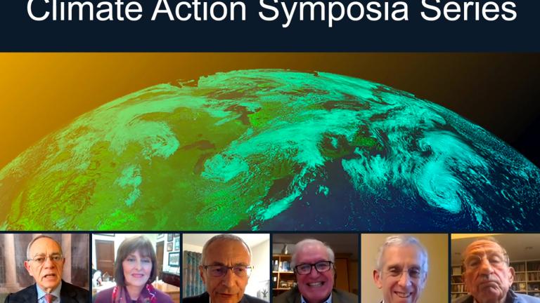 The last of MIT’s six Climate Action Symposia, What is the World Waiting For? Policies to Fight Climate Change, was held virtually on Nov. 16, 2020. From left to right: L. Rafael Reif, Katherine Castor, John Podesta, Paul Joskow, Todd Stern, and John Deutch.