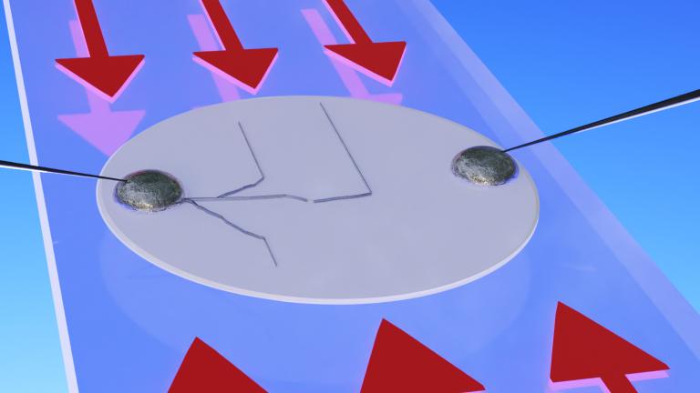 Researchers solved a problem facing solid-state lithium batteries, which can be shorted out by metal filaments called dendrites that cross the gap between metal electrodes. They found that applying a compression force across a solid electrolyte material (gray disk) caused the dendrite (dark line at left) to stop moving from one electrode toward the other (the round metallic patches at each side) and instead veer harmlessly sideways, toward the direction of the force.