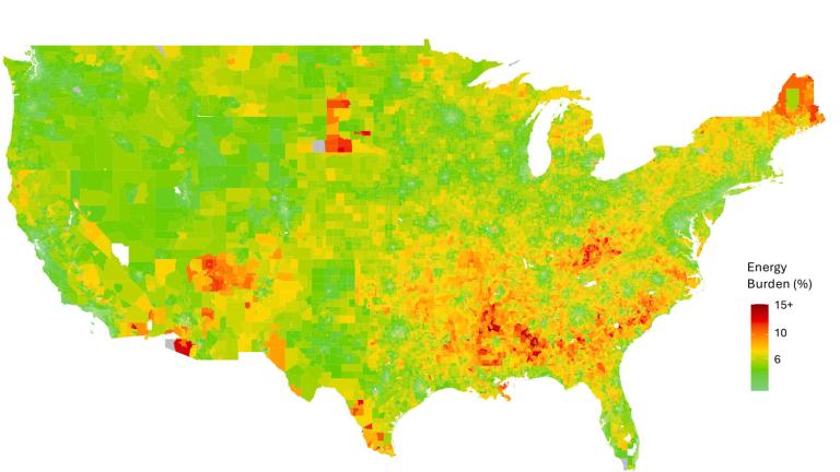 This map estimates the average energy burden for U.S. households between 2015 and 2020. Households experiencing an energy burden in costs greater than 6 percent of income are classified as energy-poor. Darker shades indicate higher energy burdens, and grey areas indicate census tracts where the estimates are unavailable.