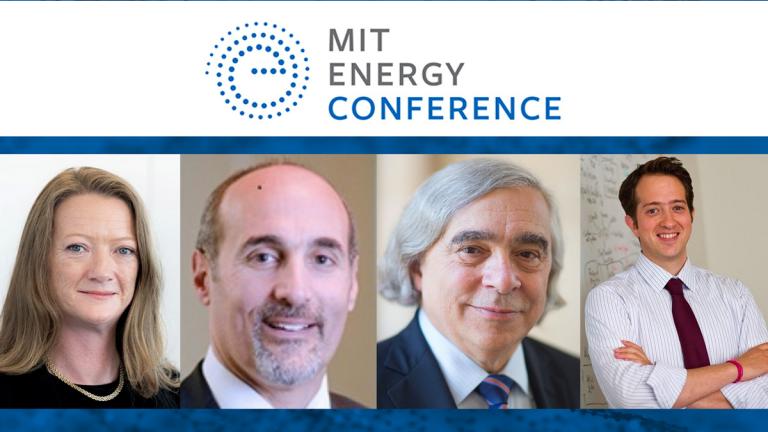 The virtual 2021 MIT Energy Conference featured numerous speakers including, from left, Carolyn Comer of Shell; Anthony Dorazio of Avangrid Renewables; Dr. Ernest Moniz; and Jason Jay.