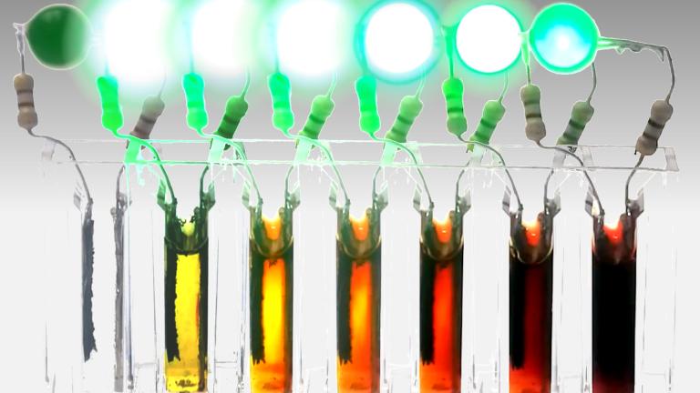 Time-lapse series of images shows the new type of battery becoming fully discharged over a period of days. In the process of discharging, the new "catholyte" material in the battery cell gets chemically coverted into a reddish compound, so the color gets darker the more it discharges.