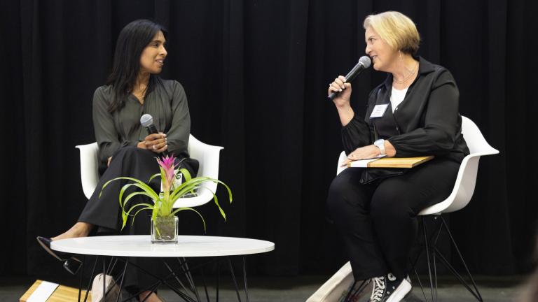 Two Founder Awards were given to MIT Professor Sangeeta Bhatia, left, and Johnson &amp; Johnson Innovation Head Michal Preminger for their work bringing people together to achieve hard things that benefit humanity.