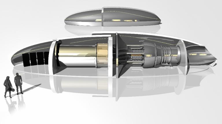 This cut-away rendering of the MIT nuclear battery concept shows important components such as the instrumentation and control module, the reactor, and the power module.