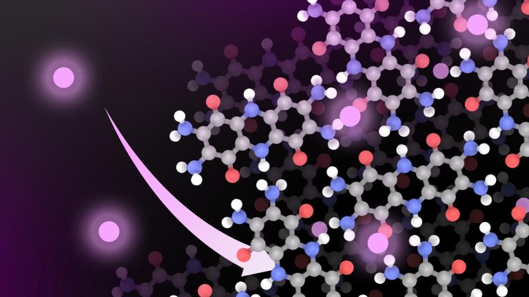 A new MIT battery material could offer a more sustainable way to power electric cars. Instead of cobalt or nickel, the new lithium-ion battery includes a cathode based on organic materials. In this image, lithium molecules are shown in glowing pink.