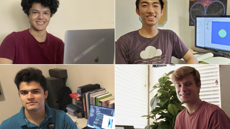 Clockwise from top left: Shaherul Haque, Raymond Li, Bryan Sperry, and Hugo Ramirez made significant contributions to high-energy-density research this summer, working from their home offices.