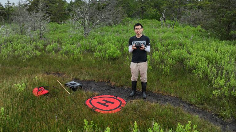 Graduate student Ernie I. H. Lee uses drone imaging and machine learning to help map salt marsh species, plant height, and shoots per bed area.