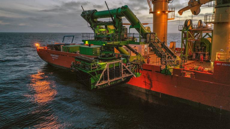 The Launch and Recovery System deploying the Patania II pre-prototype collector vehicle from the surface operations vessel MV Normand Energy.