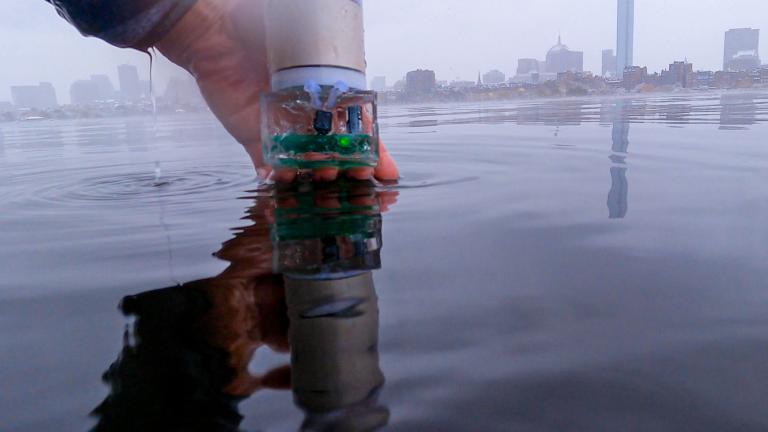 MIT researchers have built a battery-free pinpointing system dubbed Underwater Backscatter Localization (UBL). This photo shows the battery-free sensor encapsulated in a polymer before it is dipped into the Charles river.