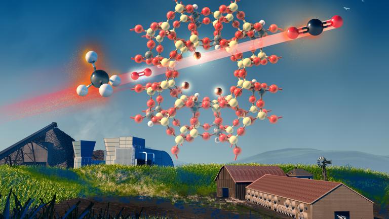 A team of researchers at MIT has come up with a promising approach to controlling methane emissions and removing it from the air, using an inexpensive and abundant type of clay called zeolite. In this image, the zeolite, depicted as the complex structure in the middle, absorbs the methane that passes through it.