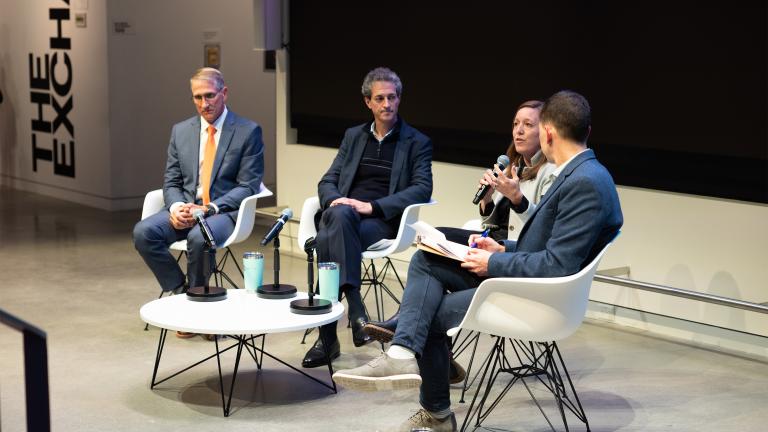 The main event of this year's Kendall Square Association annual meeting was a panel discussion about sustainability initiatives in the area. The panelists were, from left to right, Joe Higgins, vice president for campus services and stewardship at MIT; Stuart Brown, chief financial officer at Inari; and Emily Knight, chief operating officer at The Engine. At the far right, Lee McGuire, the chief communications officer of the Broad Institute of MIT and Harvard, moderated the discussion.