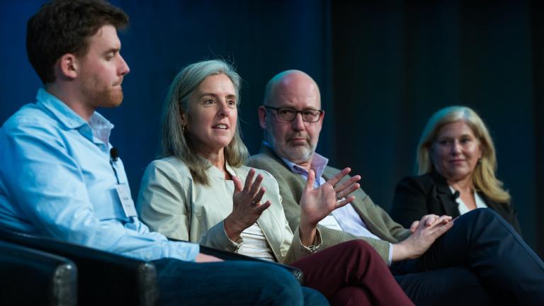 (Left to right:) Panelists Tim Schittekatte (MIT), Christina Hoffman (Avangrid), Johannes Pfeifenberger (The Brattle Group), and Julia Bovey (Eversource) explore the policy and regulation issues associated with offshore wind. 