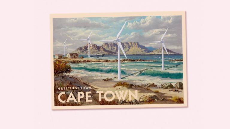 Greetings from Cape Town Postcard with offshore wind turbines