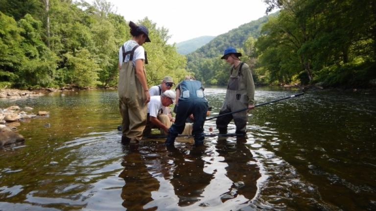 Students taking river samples in the Tennessee River