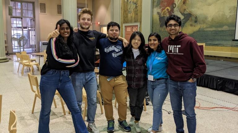 Some of the IDSS students who organized the MIT Policy Hackathon are (from left to right): Deepika Raman, Adrien Concordel, Jorge Sandoval, Aurora Zhang, Pragya Neupane, and Nirmal Bhatt.