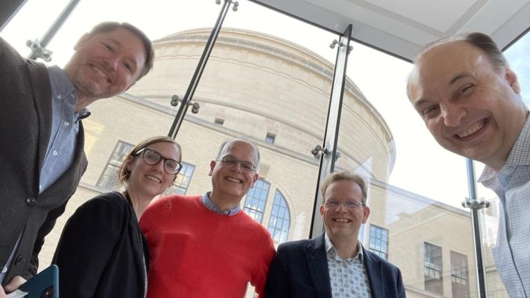 Left to right: Vladimir Bulović, MIT.nano director and the Fariborz Maseeh (1990) Professor of Emerging Technologies; Rolf van Benthem, Shell chief scientist for materials science - polymers; Alexander van der Made, Shell chief scientist for chemistry; Kelly Gavin, MIT.nano Consortium manager; and Tom Gearty, director of communications and initiatives, MIT.nano.