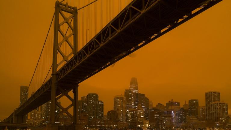 Smoke from the North Complex fire in summer 2020 settled over San Francisco, turning the daytime sky a dark orange.