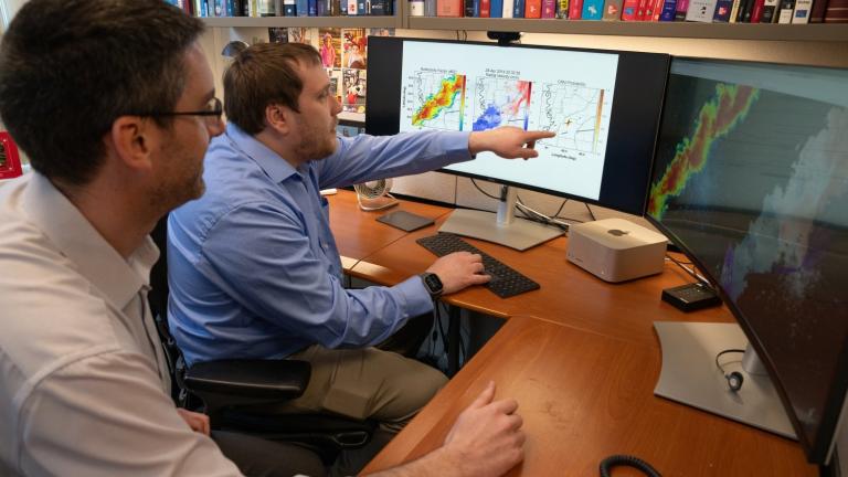 Mark Veillette (left) and James Kurdzo compiled TorNet, an open-source dataset containing thousands of radar images depicting tornadoes and other severe storms. The dataset can serve as a benchmark for researchers to develop tornado-detecting AI algorithms.  