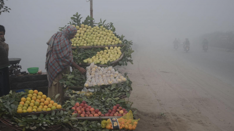 A street vendor stands behind a cart filled with fruit with a cloud of gray smog in the background.