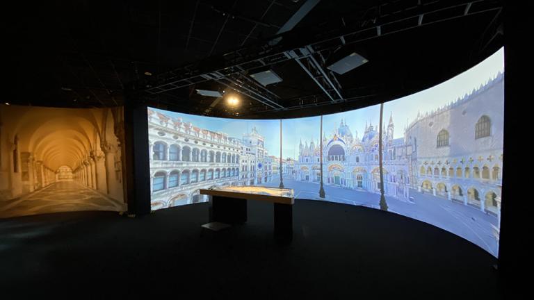 A new exhibit at the Museum of Science, Boston focuses on the effects of sea-level rise around the world. It benefits from the work of MIT Professor Emerita Paola Malanotte-Rizzoli, whose work on the Venetian Lagoon’s MOSE barrier project helped inform the exhibit. Seen here: aerial footage of St. Mark's Square, created through the use of 3D scans and images. 