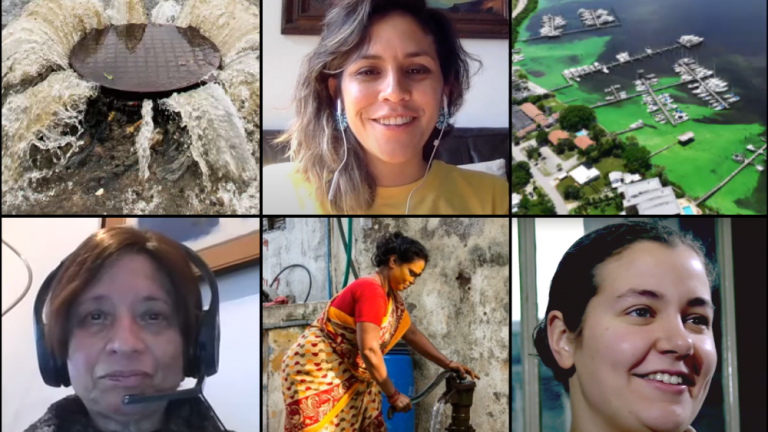 Students and researchers from across MIT and industry gathered virtually to discuss a variety of water issues with a focus on resilience, sustainability, and equity. Featured speakers Emma Robbins (top center), Uma Lele (bottom left), and Rebecca Farnum (bottom right) are pictured.