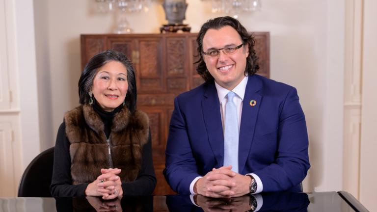 Global Engineering and Research (GEAR) Center founder Lisa Yang (left) sits with GEAR Center director Amos Winter, MIT associate professor of mechanical engineering.