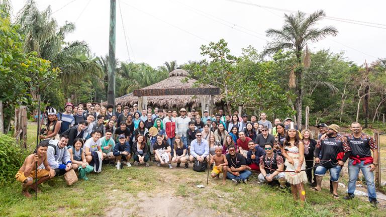 MIT musicians and tour staff with the São Sebastião community on the Tarumã Açu River in the state of Amazonas, Brazil.