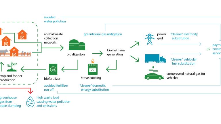 An illustrated flow chart showing the process of how animal waste is taken from the farm and transformed into energy sources. 