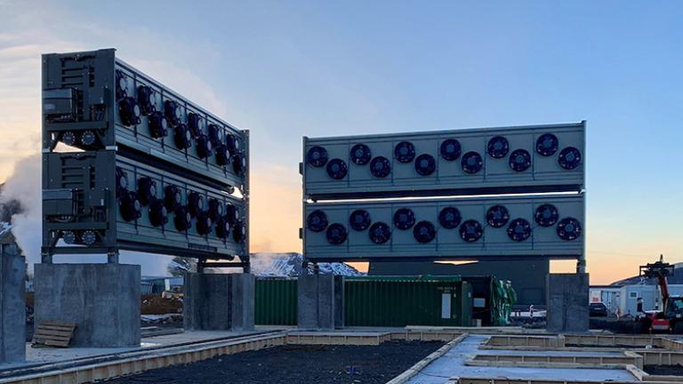 Pictured are two of the four absorber units at Climeworks’ direct air capture and storage plant, Orca, in Hellisheidi, Iceland. Each absorber unit can remove about 1,000 tons of carbon dioxide per year. 