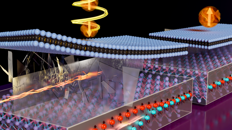 The flow of electrical current in the bottom crystalline slab (representing WTe2) breaks a mirror symmetry (shattered glass), while the material itself breaks the other mirror symmetry (cracked glass). The resulting spin current has vertical polarization that switches the magnetic state of the top 2D ferromagnet.