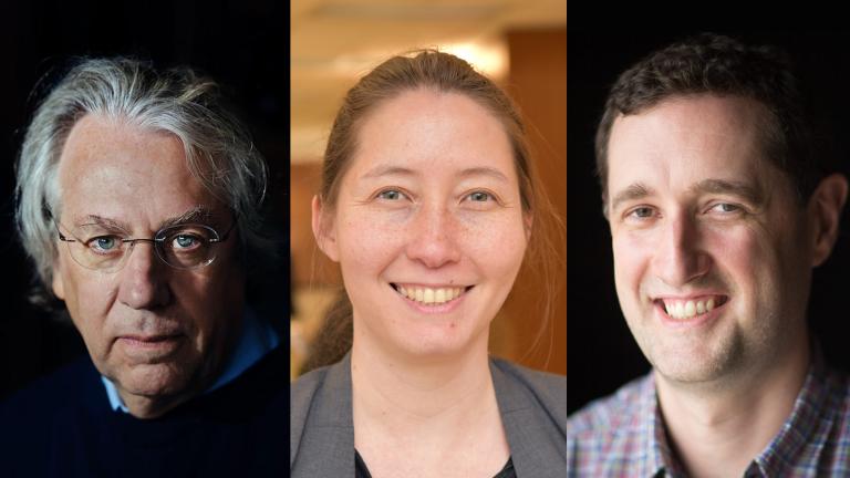 The three leads on the Climate Grand Challenges flagship proposal "Preparing for a new world of weather and climate extremes" are (left to right) Kerry Emanuel, Miho Mazereeuw, and Paul O'Gorman.