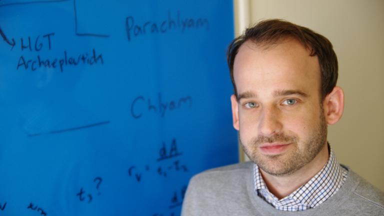 A portrait of Greg Fournier in a grey sweater standing next to a blue whiteboard with black writing.