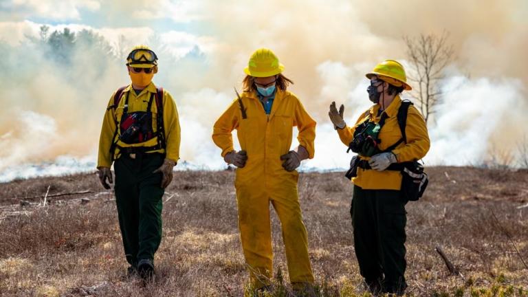 Kathleen Theoharides (center) oversees the Commonwealth’s six environmental, natural resource, and energy regulatory agencies. In this role, the secretary joined MassWildlife for a prescribed burn on April 8 at the Birch Hill Wildlife Management Area. This habitat management practice benefits wildlife, can enhance firefighter and public safety, and improves outdoor recreational opportunities for Commonwealth citizens and visitors.