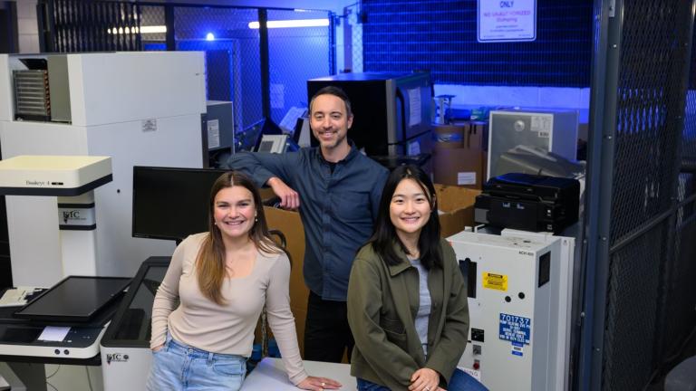 Left to right: Anastasia Duncan, Chris Rabe, and Jasmin Liu stand at the loading dock of MIT's Stata Center, where students and faculty go "crufting." Rabe facilitated an interdisciplinary working group of undergraduate and graduate students known as SERC Scholars to co-author a case study on the electronic hardware waste life cycle and climate justice.