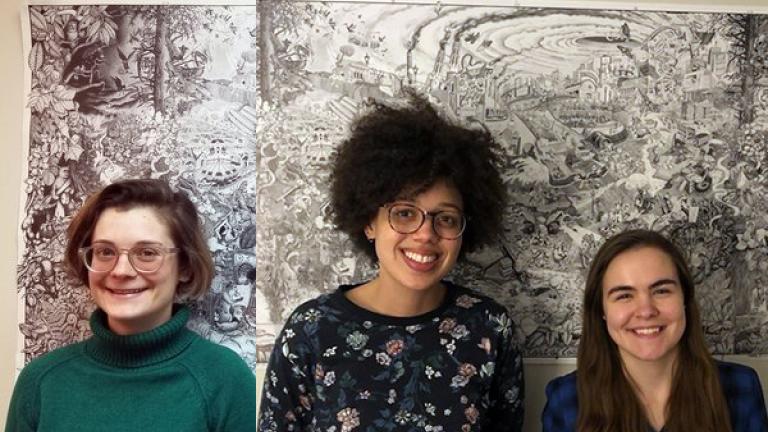 Graduate student Caroline White-Nockleby (left), undergraduate Mimi Wahid (center), and undergraduate Caroline Boone at the Center for Coalfield Justice offices in Greene County, Pennsylvania.