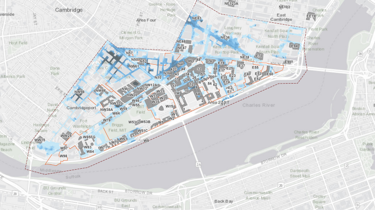 The Climate Resiliency dashboard enables the MIT community to understand projected potential risk to the campus from flooding and heat (heat to be added in 2021) under both today's climate and a future changed climate.