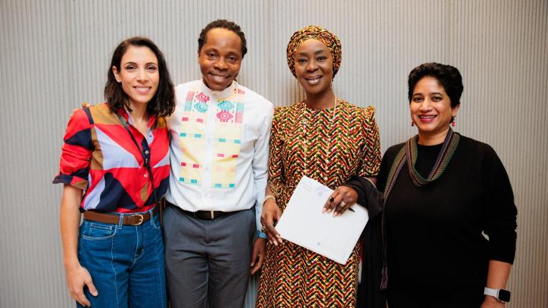 Left to right: MIT Solve Executive Director Hala Hanna joins David Sengeh SM ’12, PhD ’16; Toyin Saraki; and Lysa John at the 2023 Solve Challenge Finals.