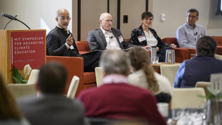 Panel discussion on structural change in higher education, moderated by MIT’s John Fernández (left), with leaders from Harvard, Duke, and Brown universities.