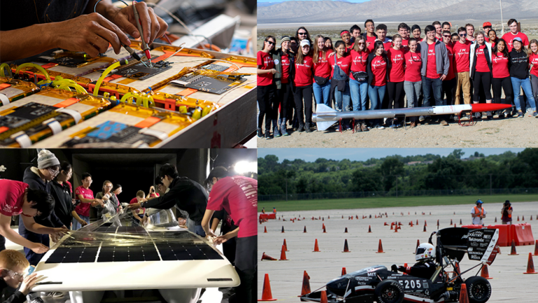 Clockwise from top left: Battery work by a student on the Motorsports team, the MIT Rocket Team in the California desert, MIT Motorsports at the Formula SAE Lincoln Competition, and the MIT Solar Electric Vehicle Team testing their solar car in the Ford Wind Tunnel.