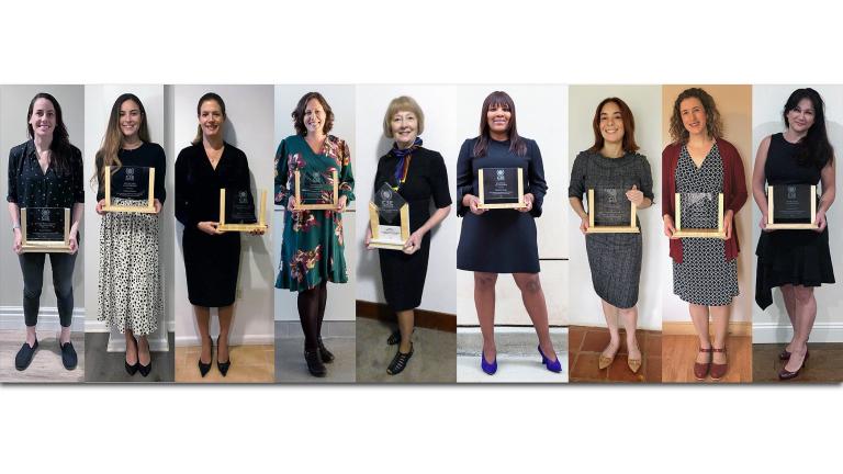 The 2020 U.S. C3E Award recipients (left to right): Kathy Hannun of Dandelion Energy; Cristina Garcia of the Building Electrification Initiative; Britta von Oesen of CohnReznick Capital; Lindsay Dubbs of the Coastal Studies Institute and UNC Chapel Hill; Bobi Garrett of the National Renewable Energy Laboratory; Elizabeth Kaiga of DNV GL; María Hilda Rivera of Power Africa; Natalie Meyero of the City of Bozeman, Montana; and Simona Onori of Stanford University.